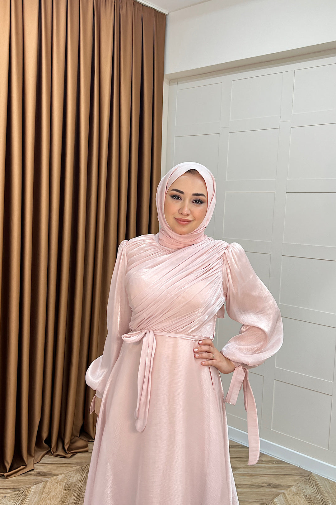 Göğüs Drapeli Abiye Pudra 3023-PUDRA