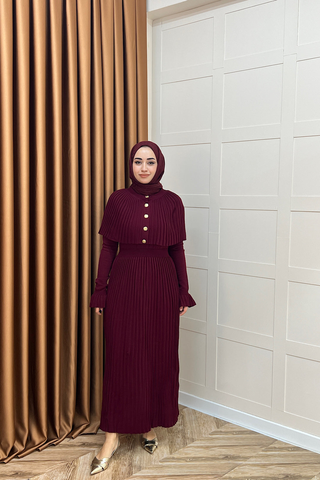 Kelebek Pelerinli Triko Elbise Bordo 10200-BORDO