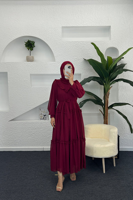 Lowel Fırfır Detay Elbise Bordo 3058-BORDO