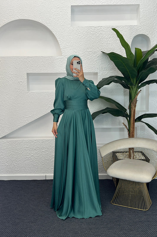 Beli Piliseli Saten Abiye Yeşil 04340-YESIL