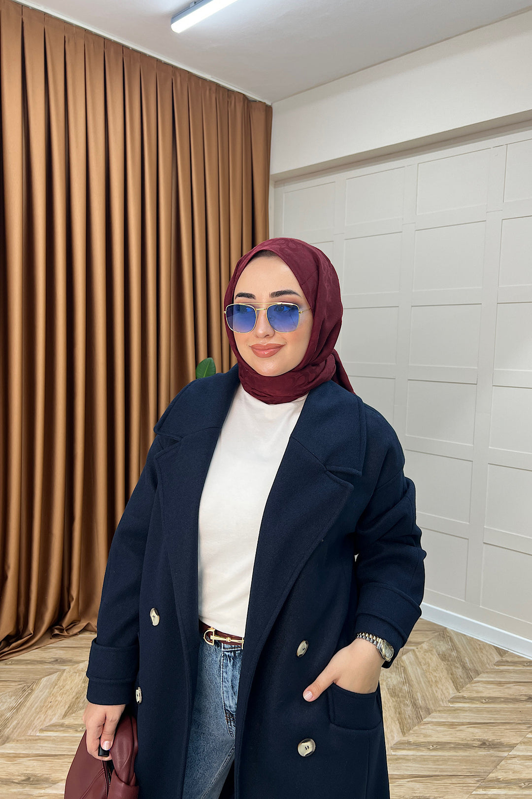 Lara Kuşaklı Kaşe Kaban Lacivert 5541-LACIVERT