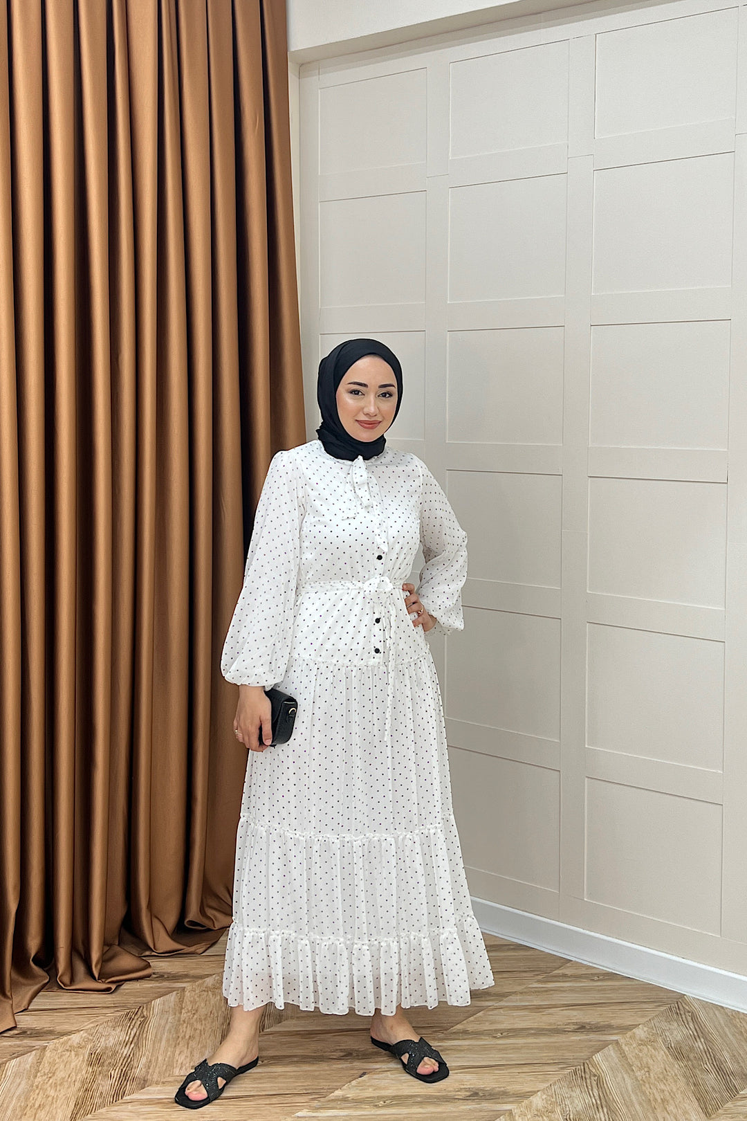 Lea Puantiyeli Şifon Elbise Beyaz 03036-BEYAZ