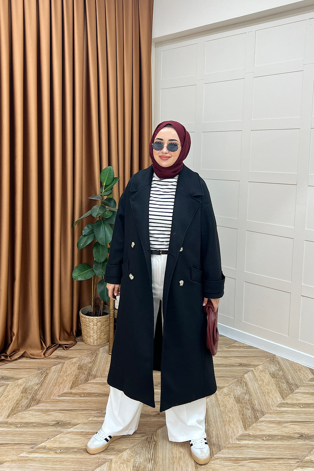 Lara Kuşaklı Kaşe Kaban Siyah 5541-SIYAH