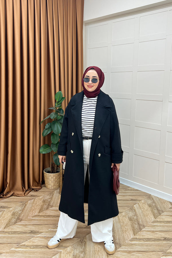 Lara Kuşaklı Kaşe Kaban Siyah 5541-SIYAH