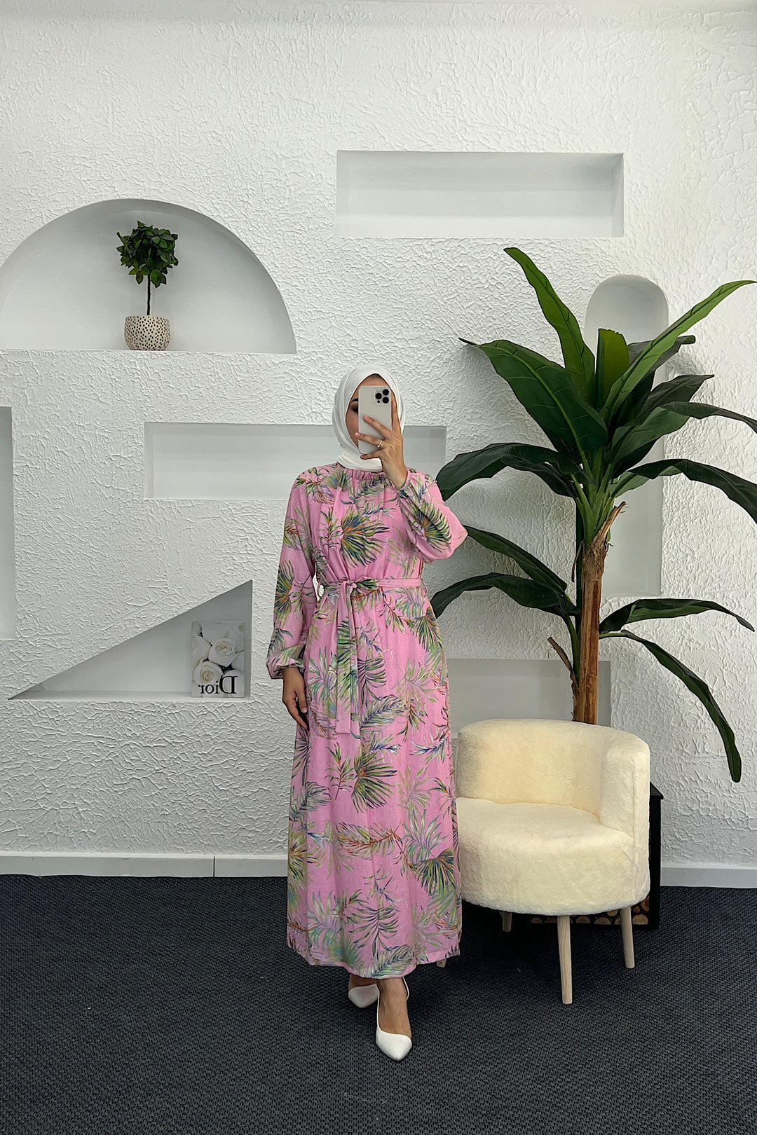 Palmiye Desen Keten Elbise Pembe 4970-PEMBE