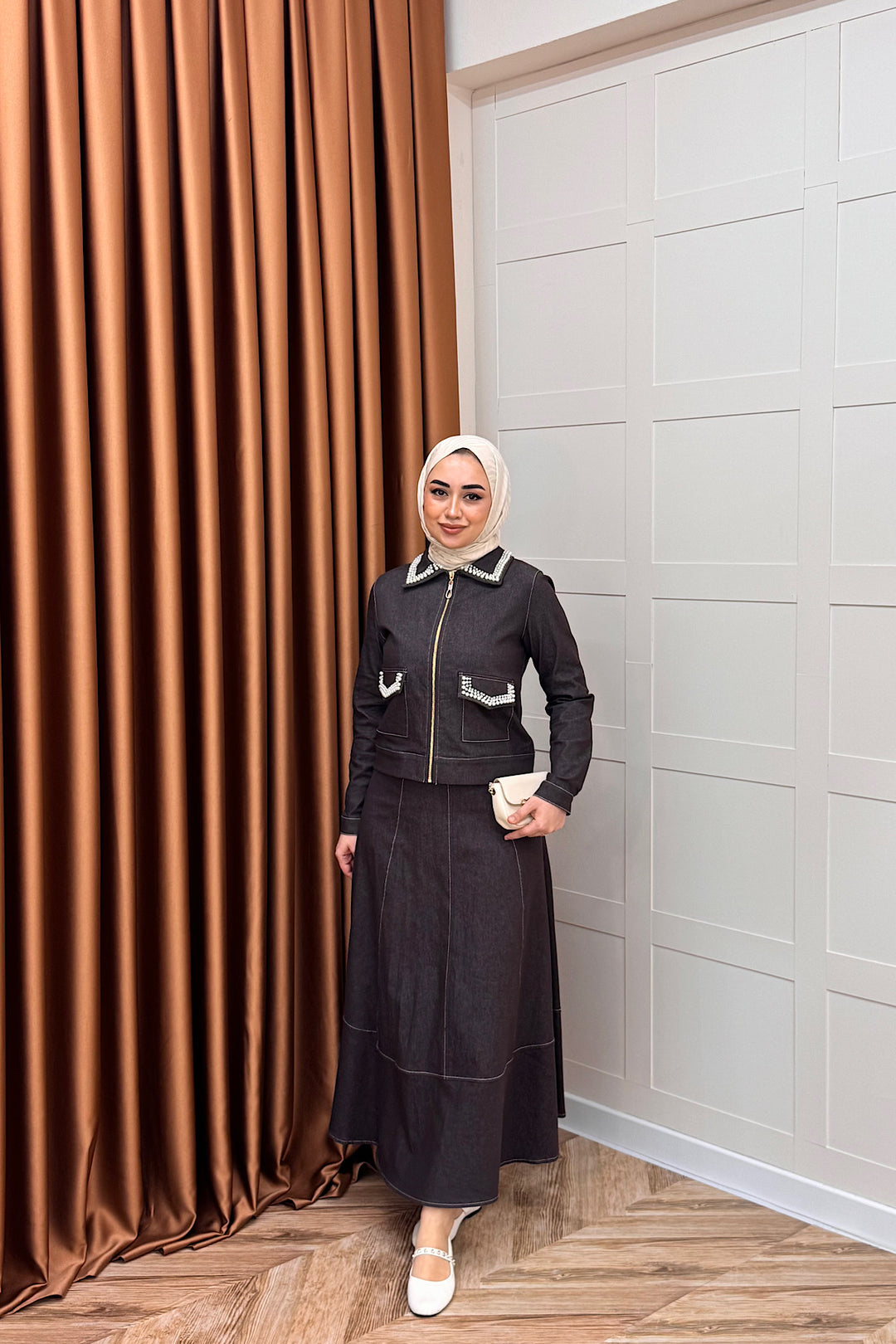 Klara İnci Detay Kot Takım Kahverengi 3095-KAHVERENGI