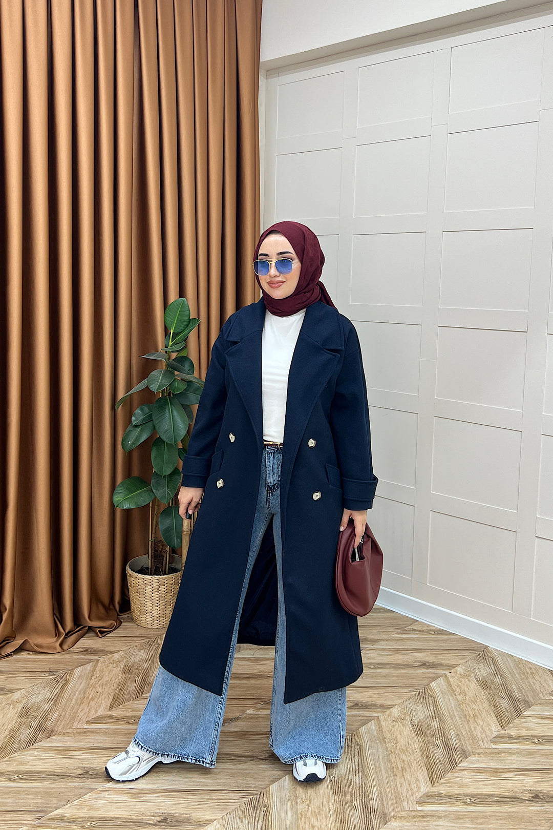 Lara Kuşaklı Kaşe Kaban Lacivert 5541-LACIVERT