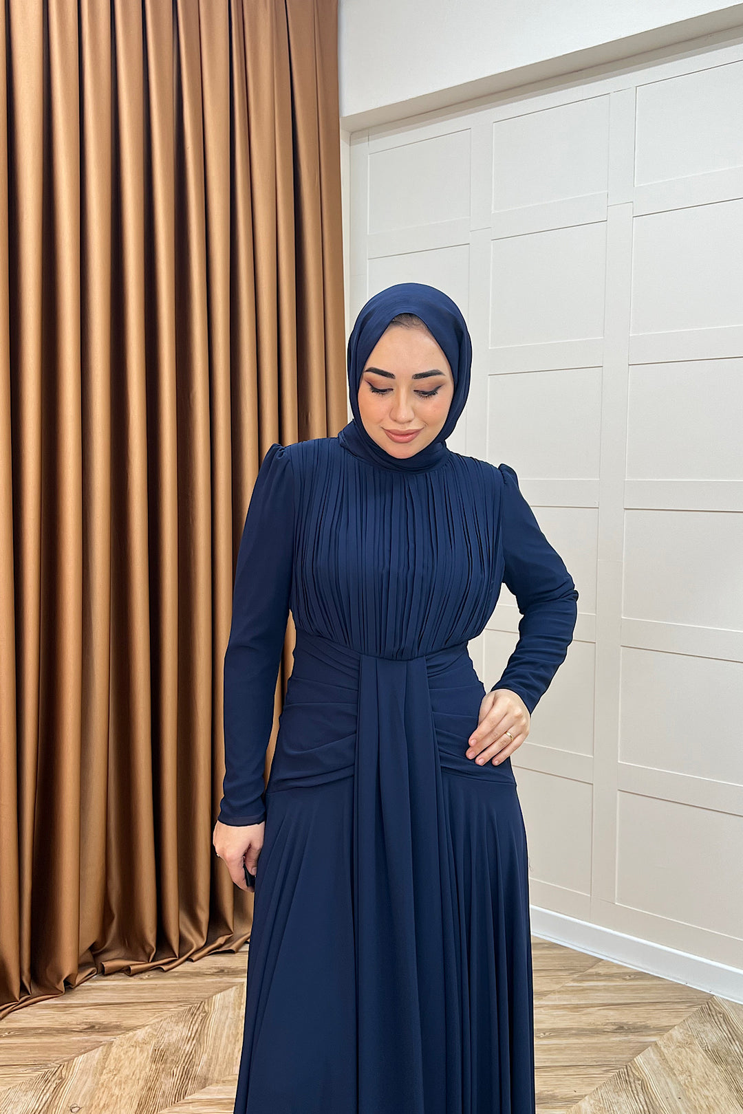Elanor Bel Detay Şifon Abiye Lacivert 3092-LACIVERT