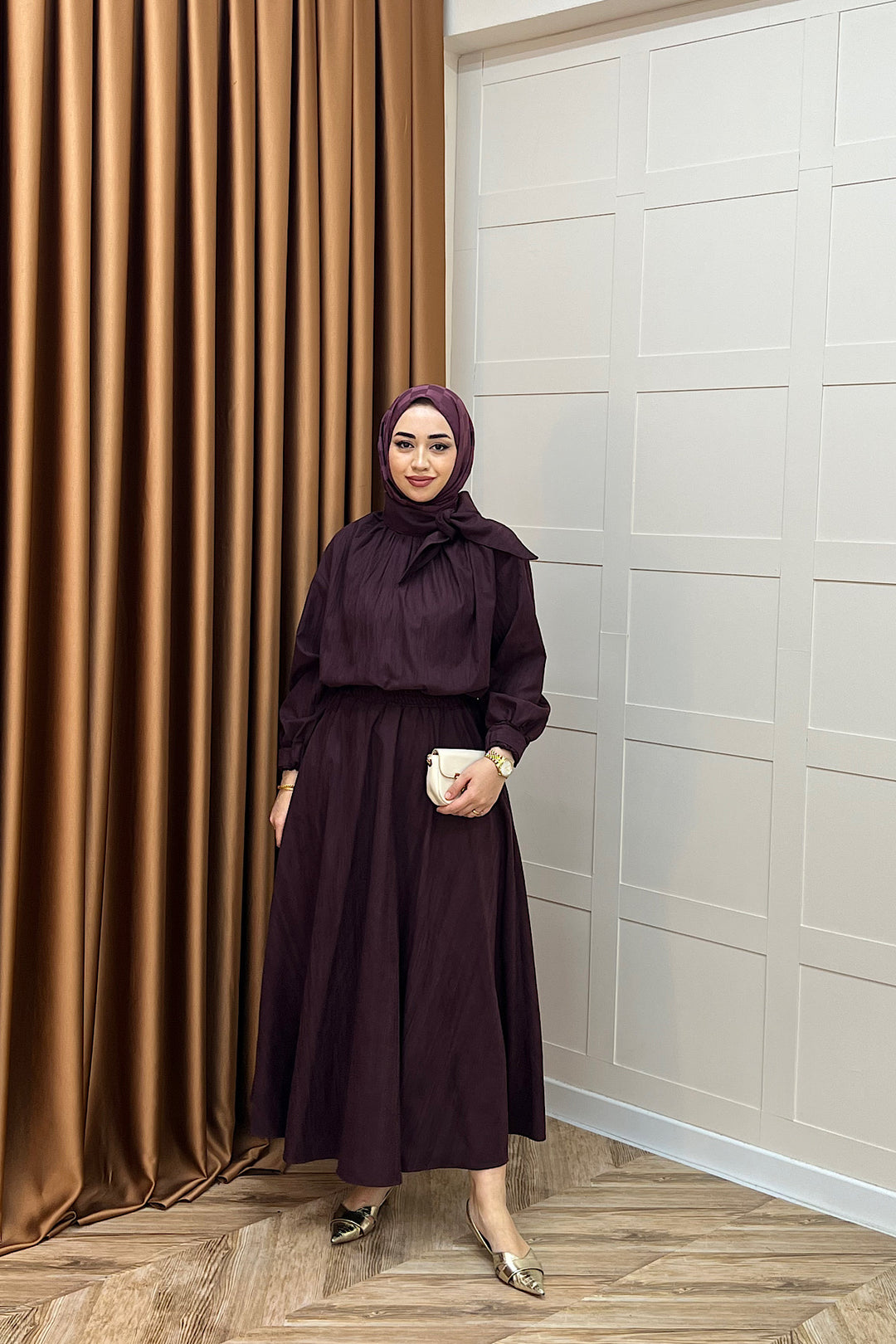 Luna Yaka Fularlı Etek Takım Mürdüm 3183-MURDUM