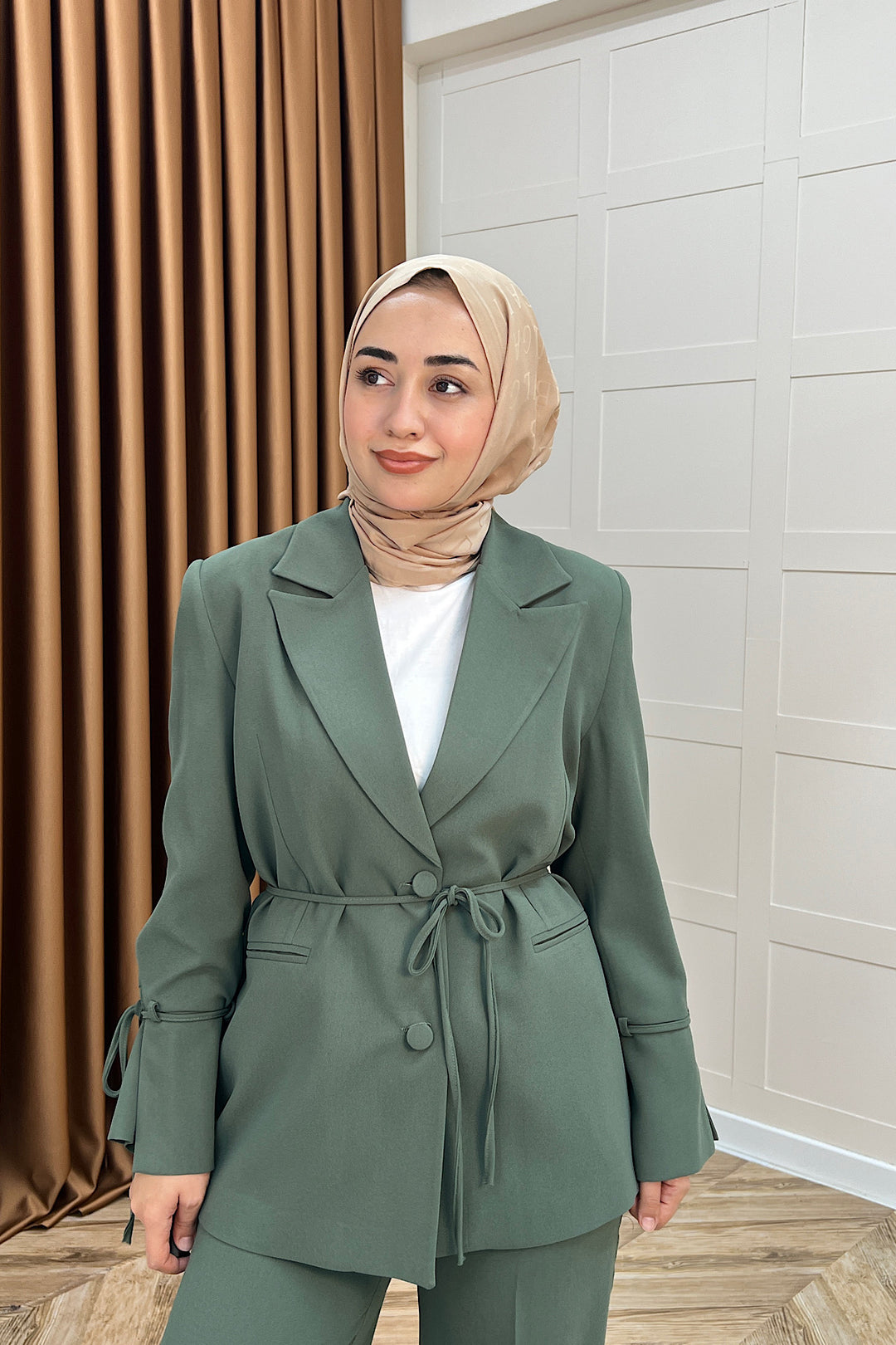 Kuşak Detay Ceket Takım Yeşil 5004-YESIL