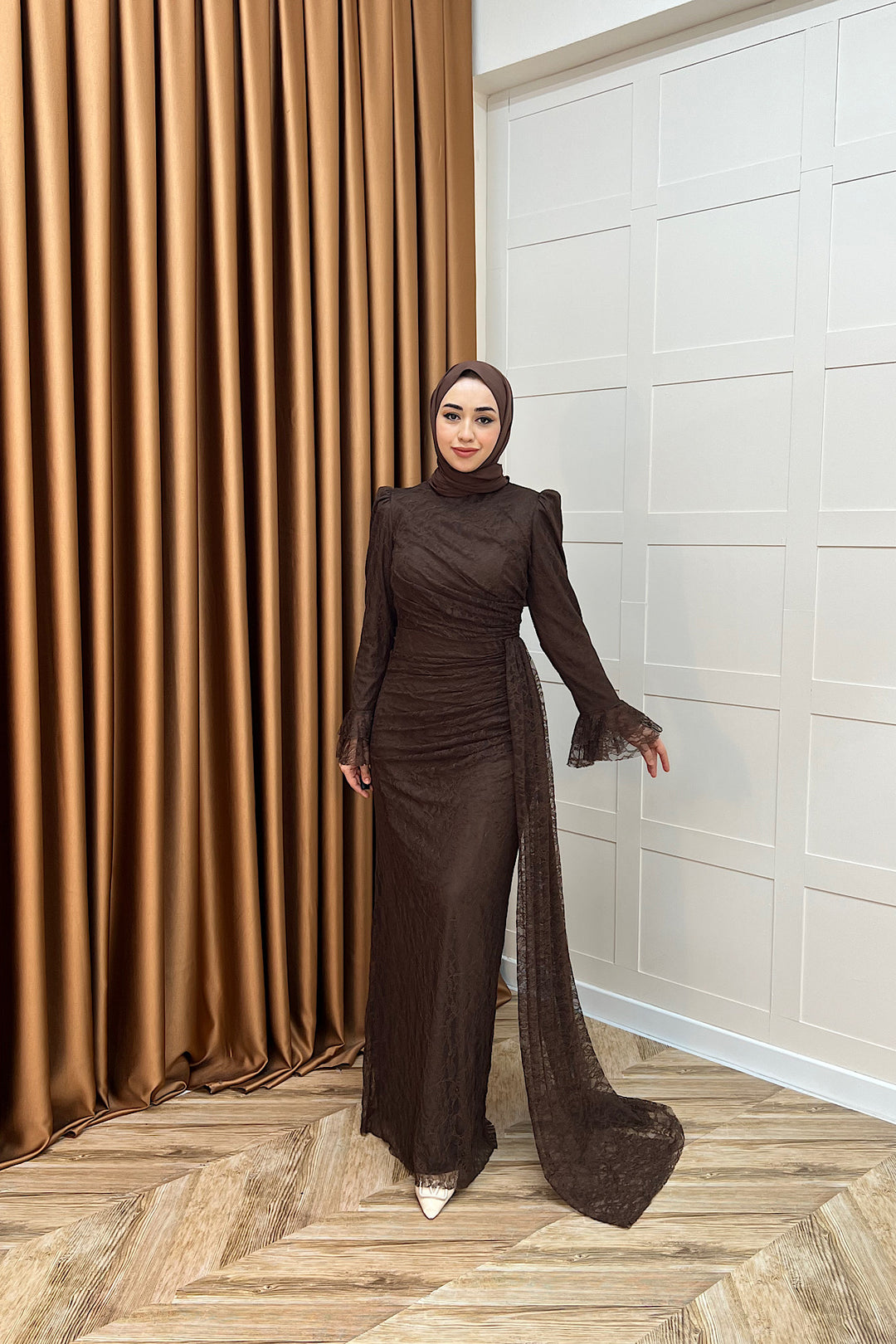 Serena Dantel Balık Abiye Kahverengi 3082-KAHVERENGI