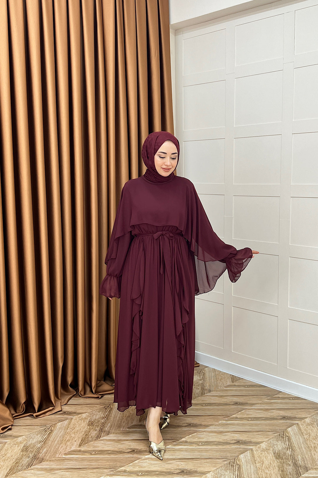Lovely Şifon Fırfırlı Elbise Bordo 02001-BORDO