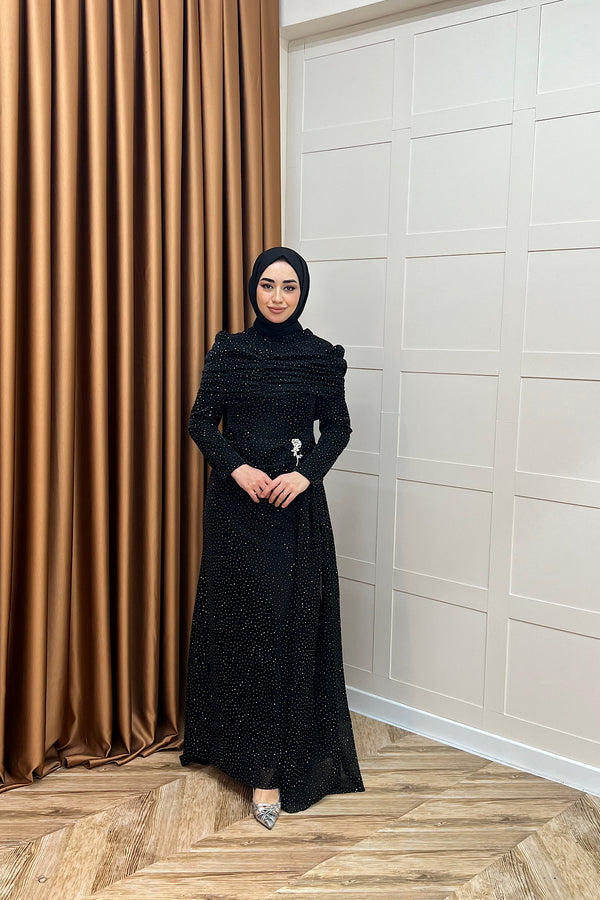Helena Çiçek Taşlı Abiye Siyah 3097-SIYAH