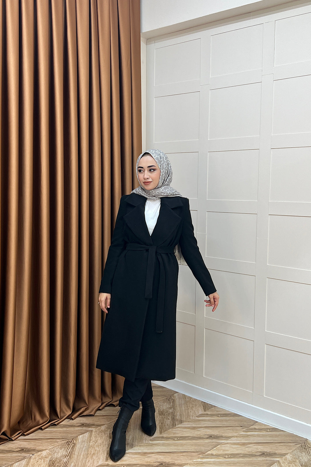 Premium Kuşaklı Kaşe Kaban Siyah 5510-SIYAH