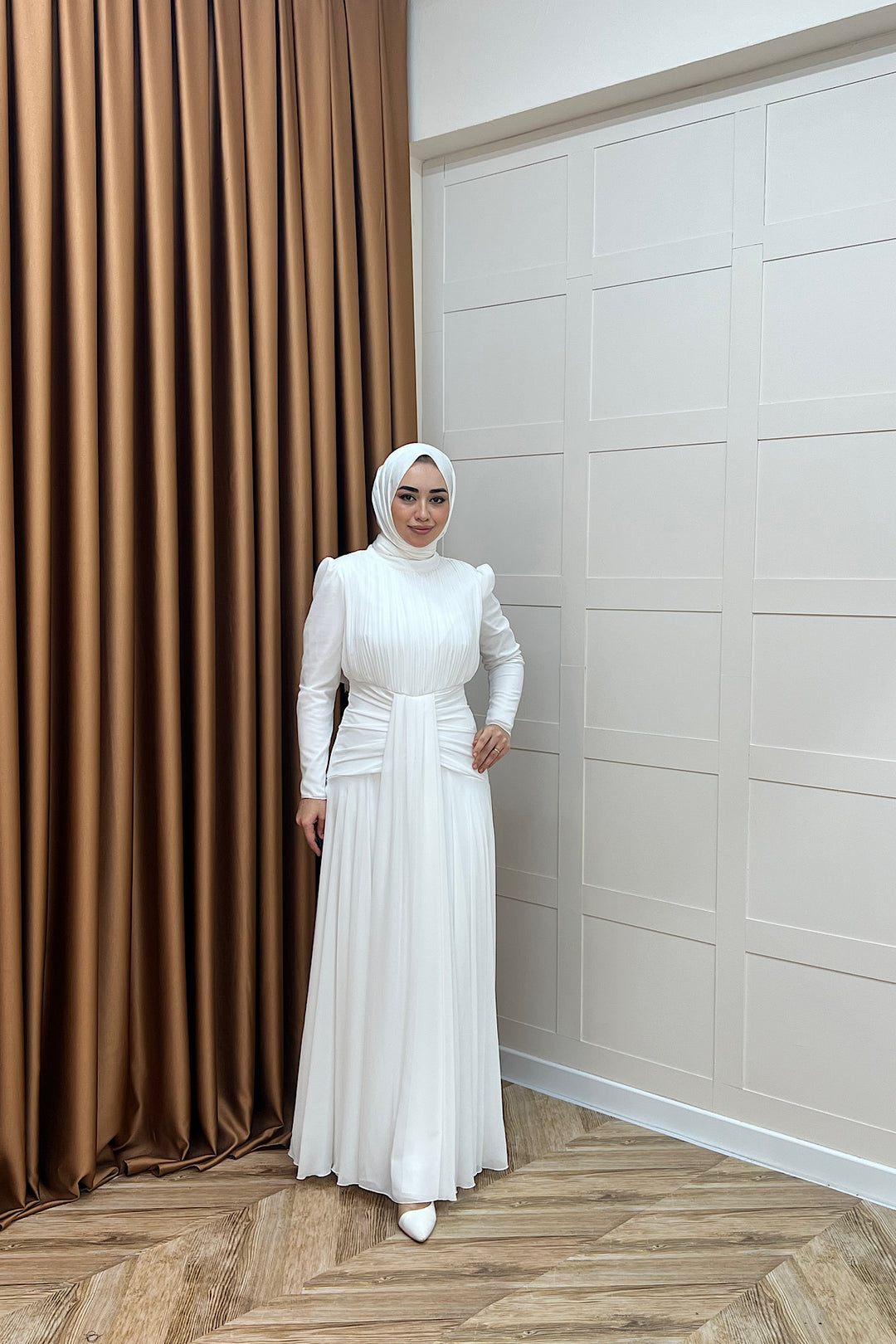Elanor Bel Detay Şifon Abiye Beyaz 3092-BEYAZ