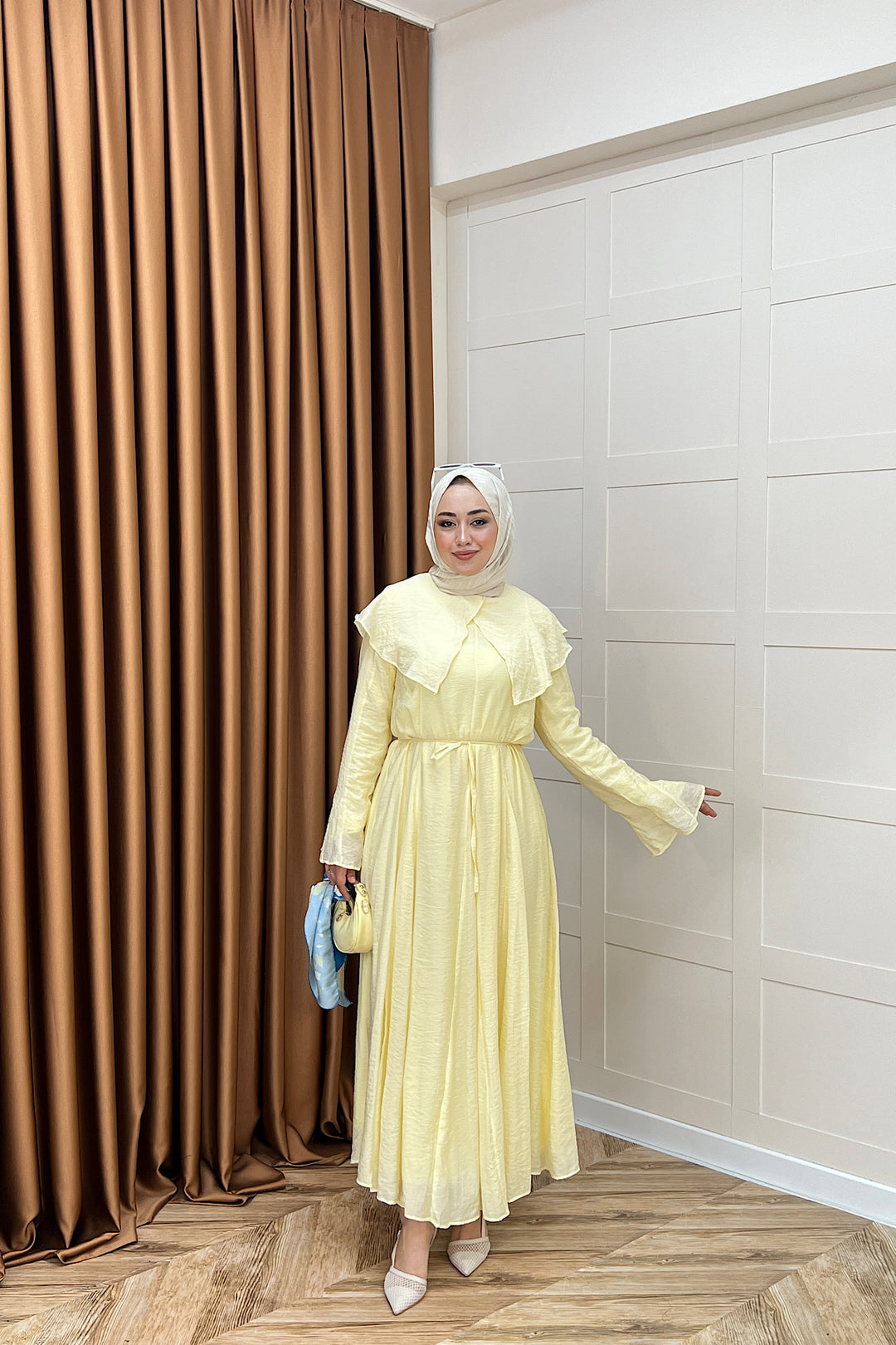 Zeny Yaka Detay Elbise Sarı 4459-SARI