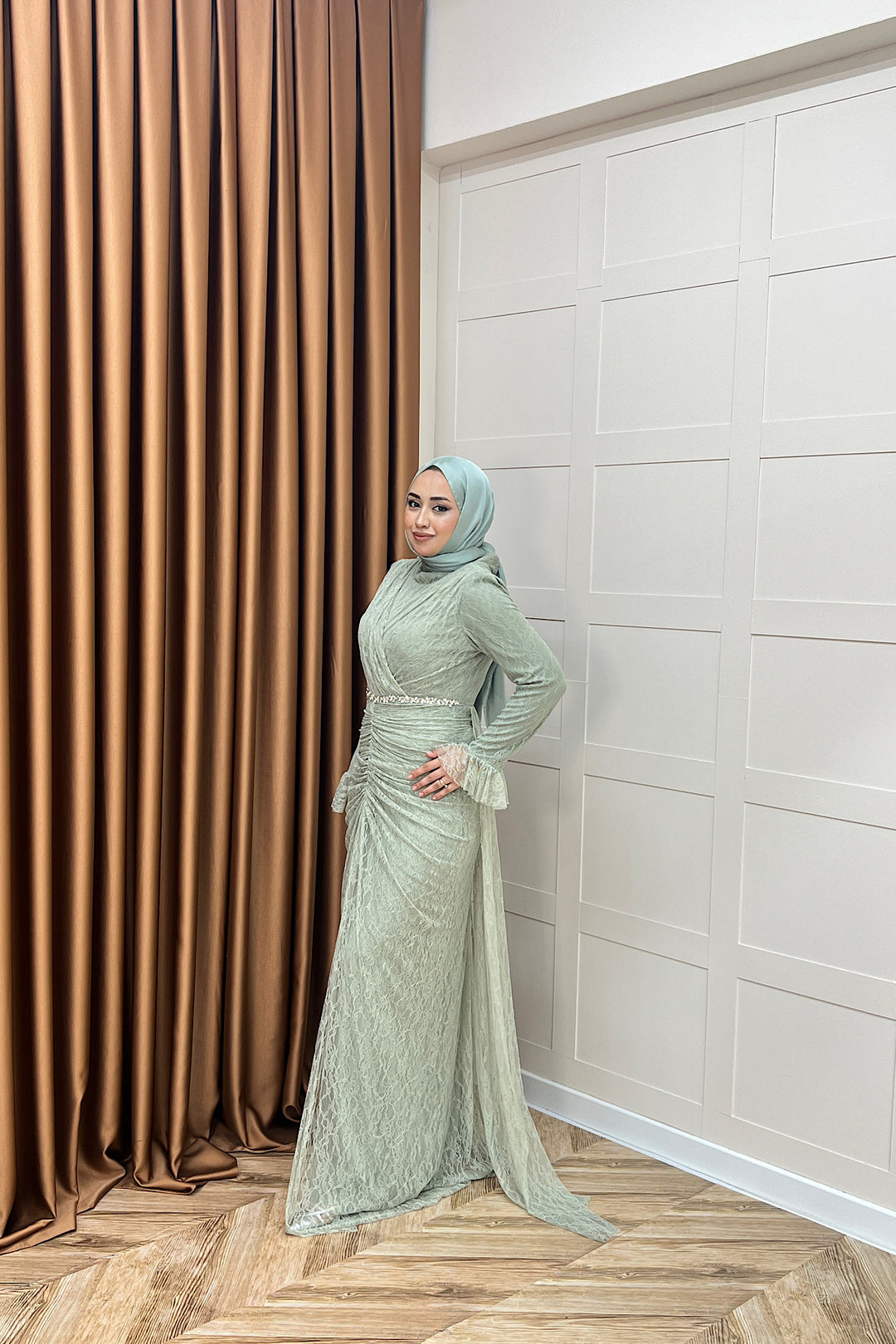 Sofia Taş Detay Dantel Abiye Mint 3108-MINT