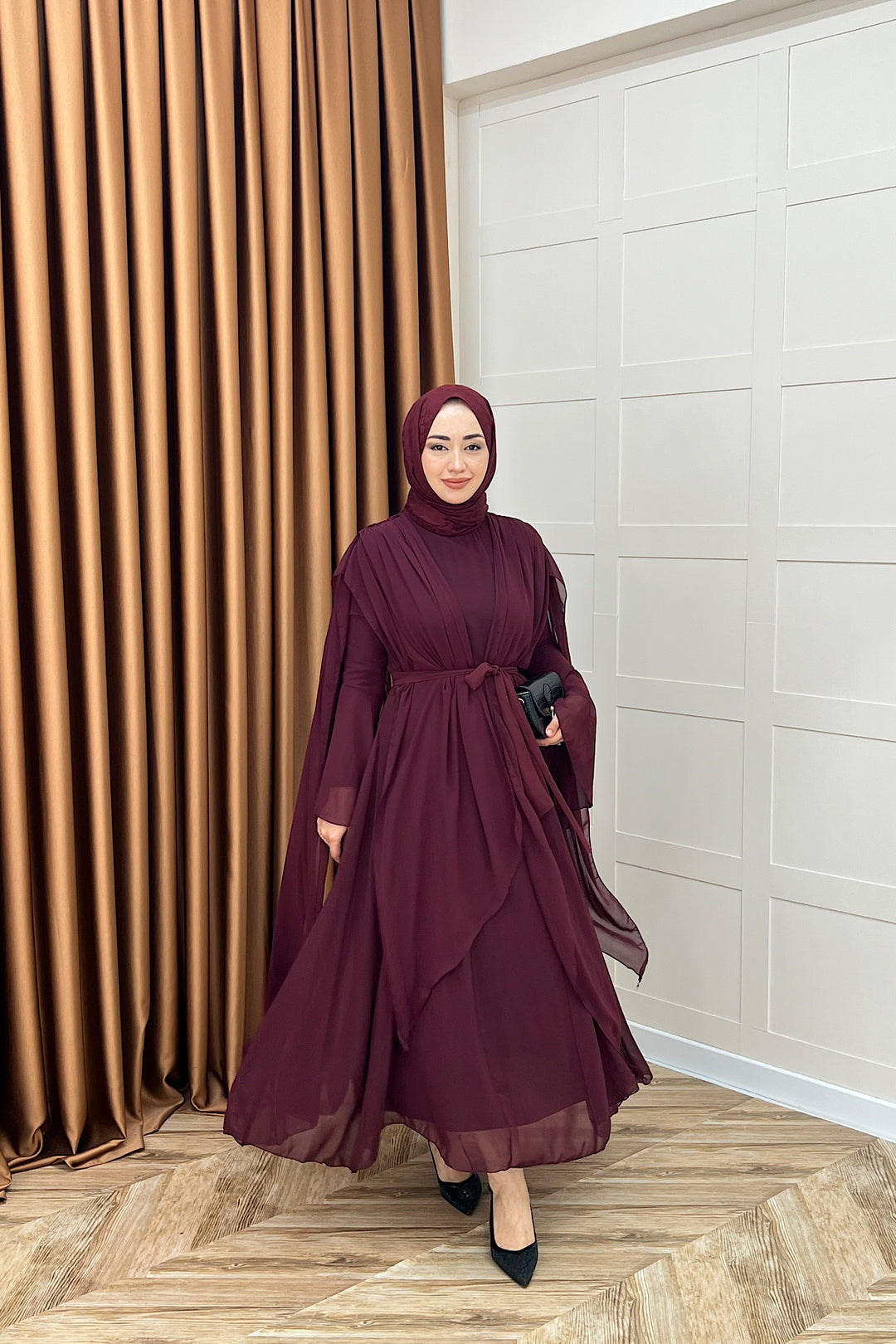 Aliza Büzgülü Şifon Elbise Bordo 2002-BORDO