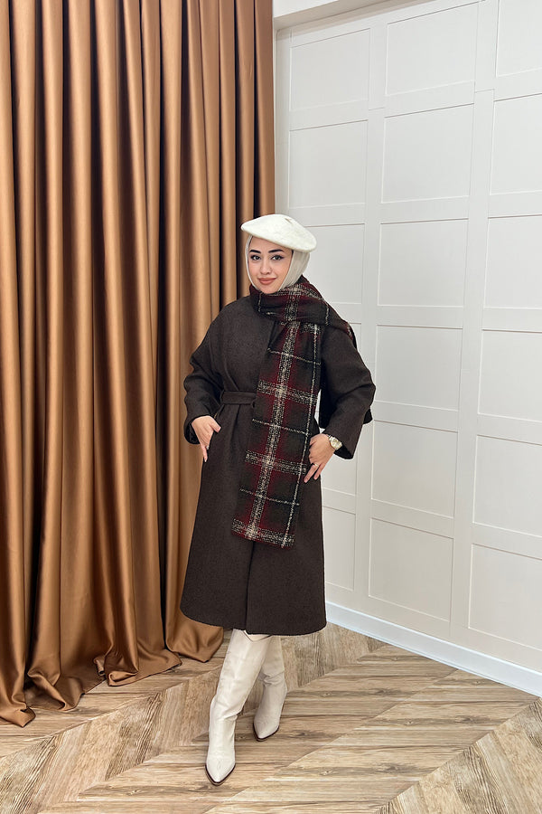 Duru Premium Kumaş Atkı Detay Kaban Kahverengi 5517-KAHVERENGI