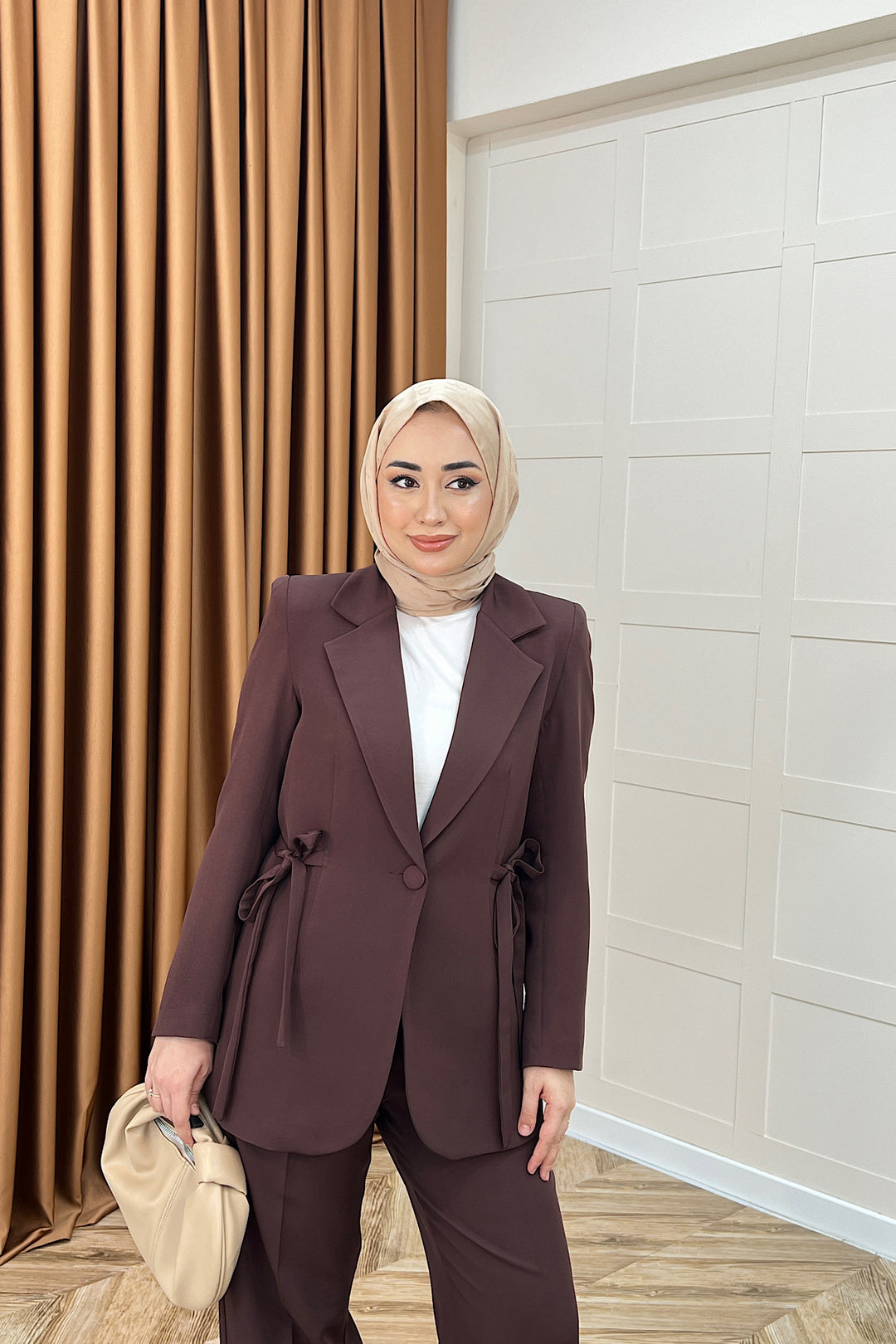 Zeina Bel Detay Ceketli Takım Kahverengi 06202-KAHVERENGI
