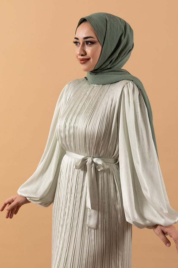 Pileli Saten Elbise Yeşil 3003-YESIL