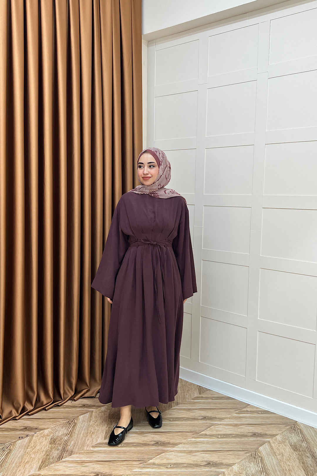 Belden Bağlamalı Cupra Elbise Mürdüm 5013-MURDUM