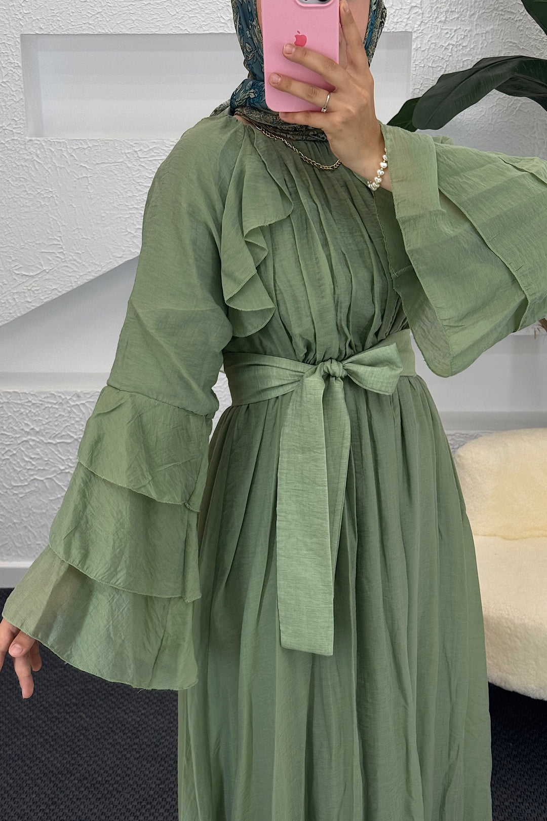 Lio Fırfır Detay Elbise Çağla Yeşili 3370-ÇAGLAYESILI