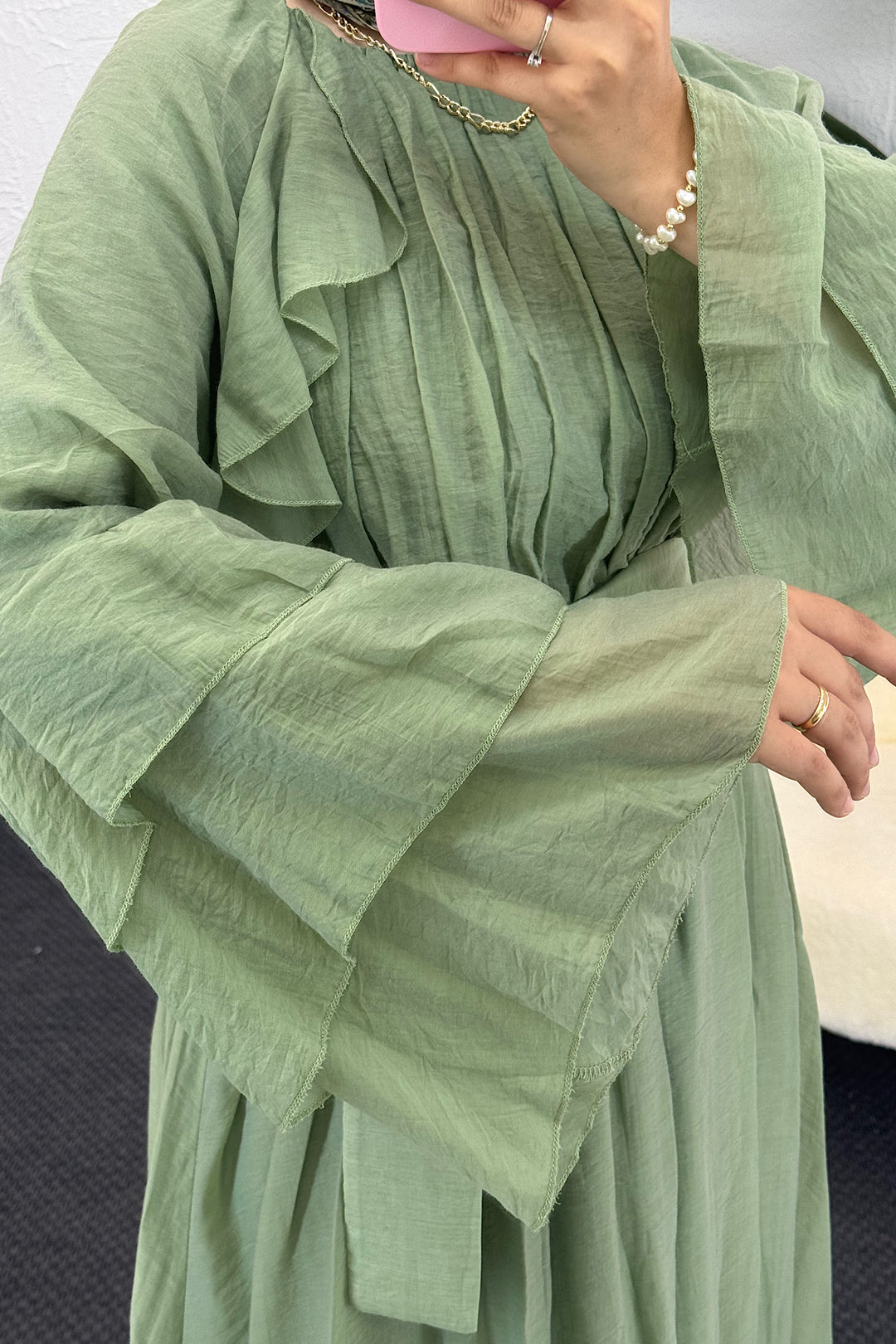 Lio Fırfır Detay Elbise Çağla Yeşili 3370-ÇAGLAYESILI