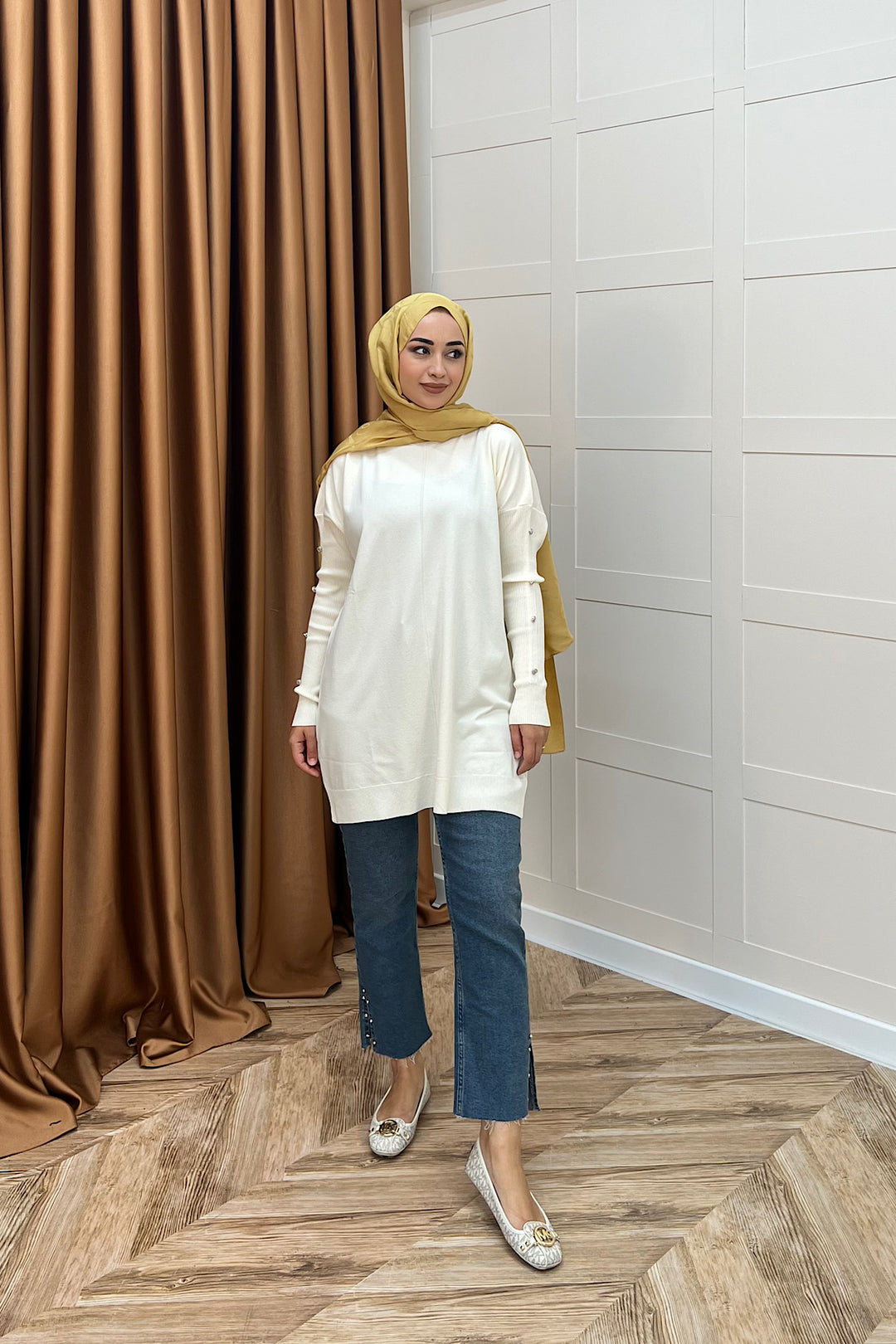 Kol Düğmeli Triko Tunik Ekru 24280-EKRU