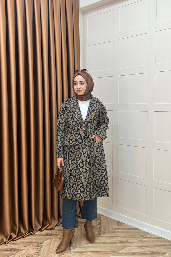 Leopar Desen Kaşe Kaban Kahverengi 2033-KAHVERENGI