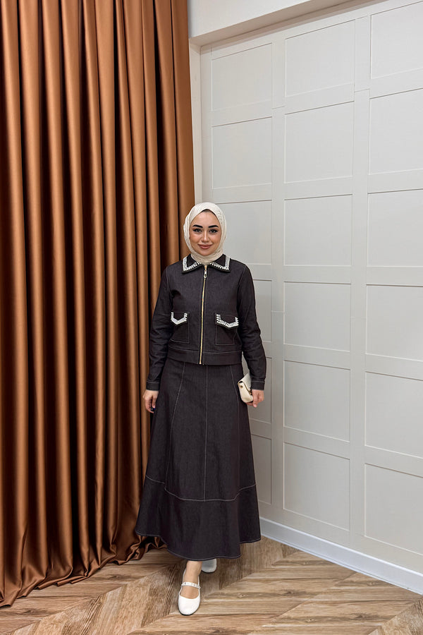 Klara İnci Detay Kot Takım Kahverengi 3095-KAHVERENGI