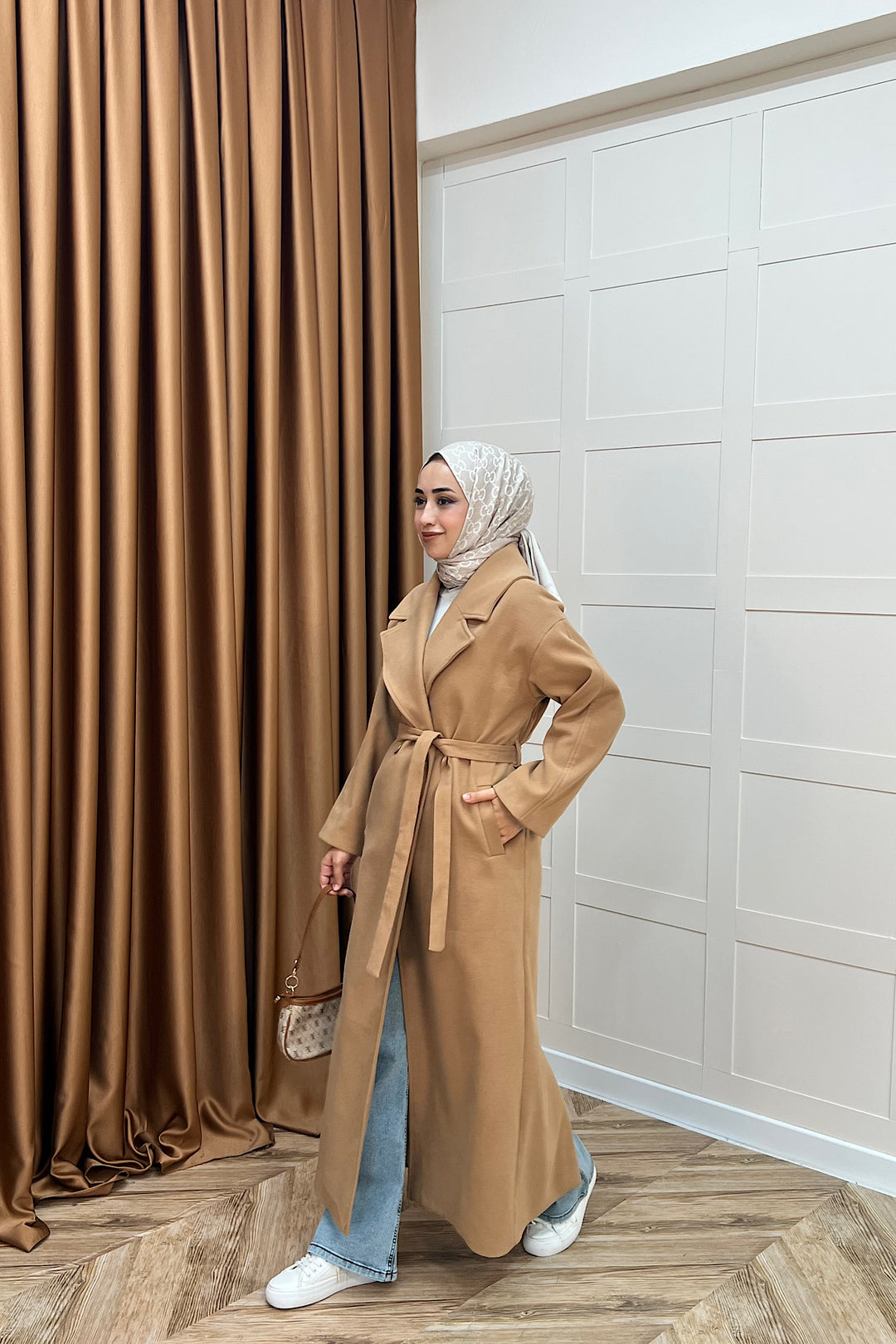 Retro Premium Kumaş Uzun Kaşe Kaban Camel 5509-CAMEL