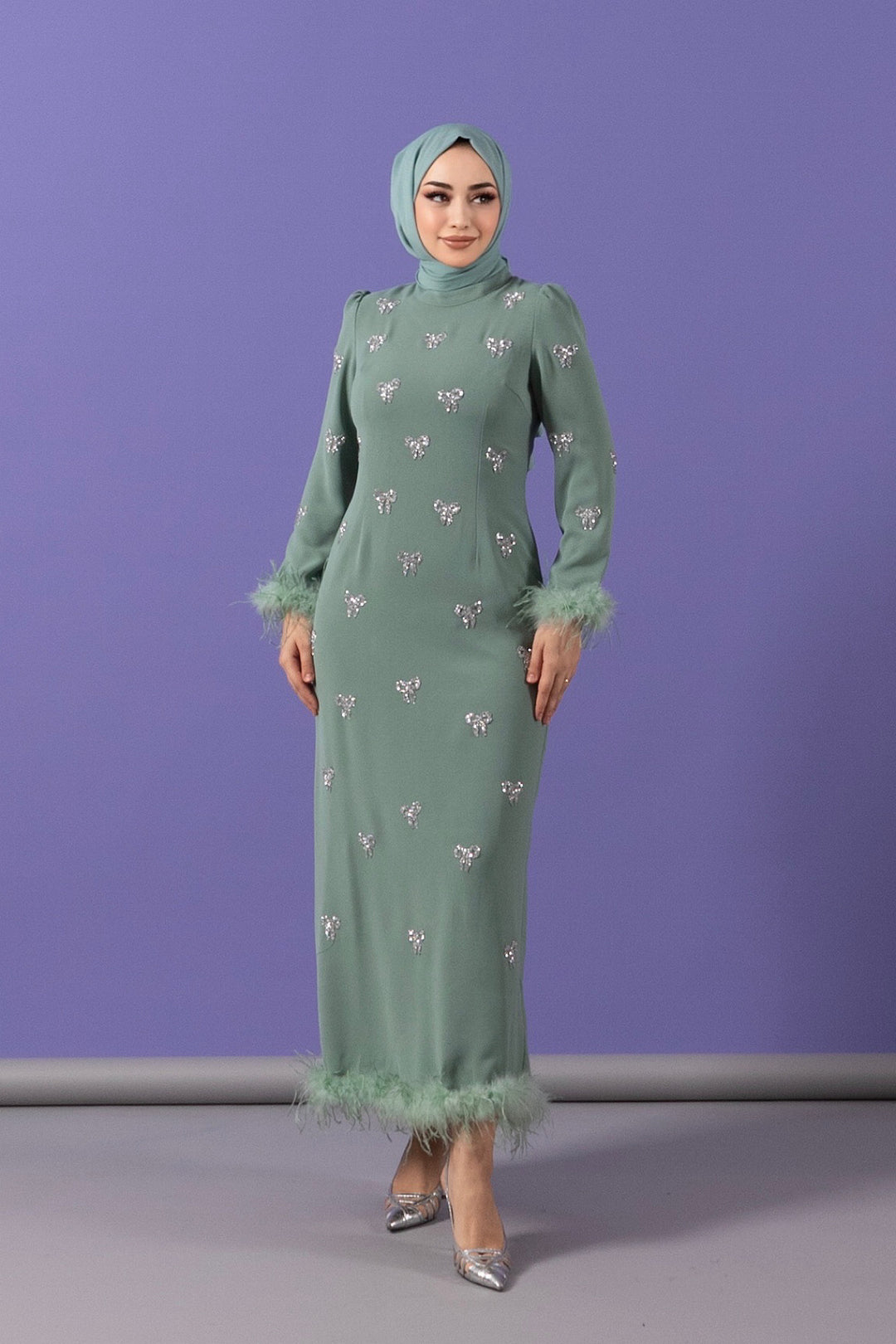 Kolları Tüy Detay Taş İşlemeli Abiye Mint 3018-MINT