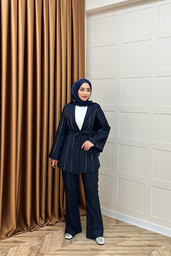 Zeva Nervür Taşlı İkili Takım Lacivert 26013-LACIVERT