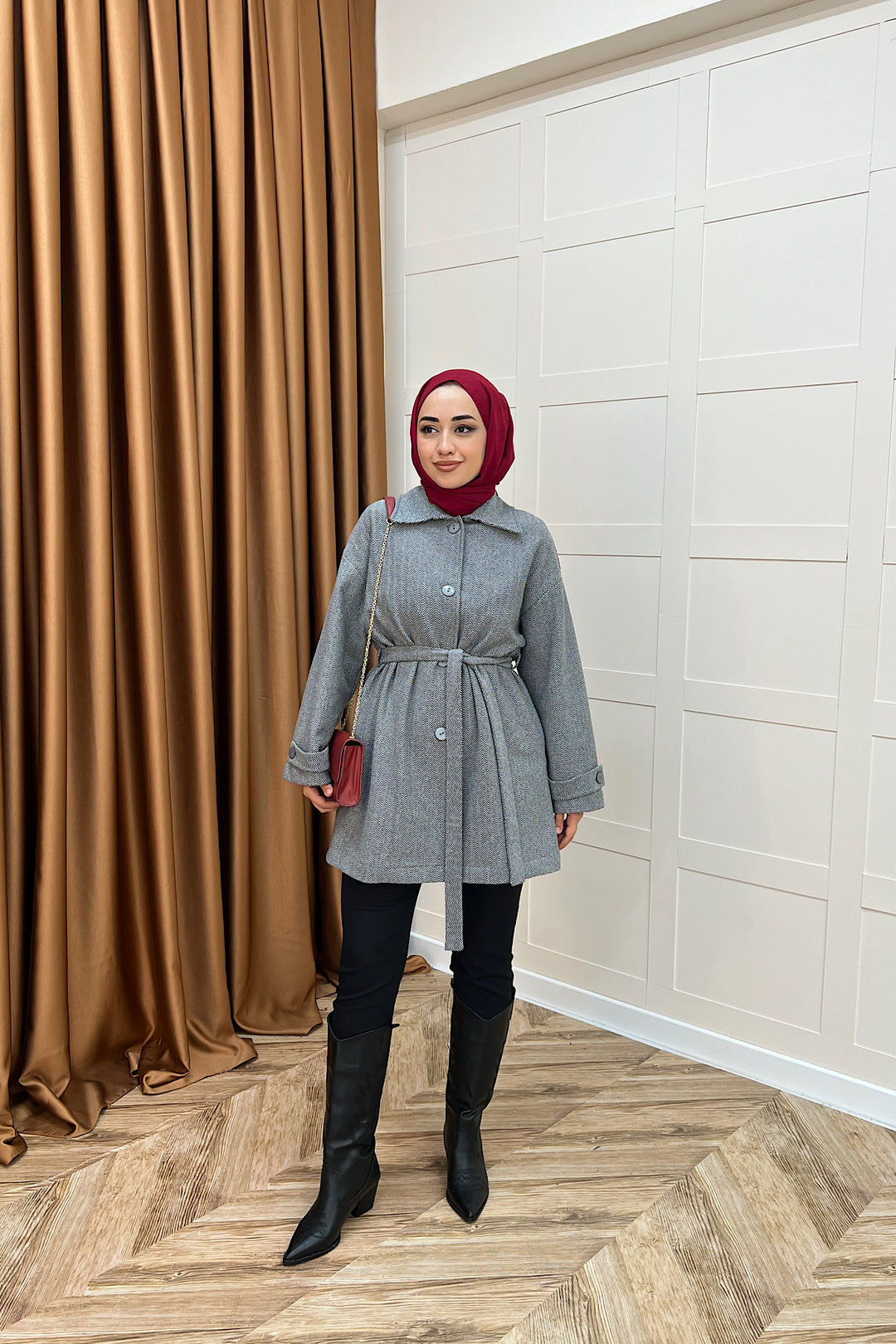 Bensu Kuşaklı Kaşe Kaban Gri 5518-GRI