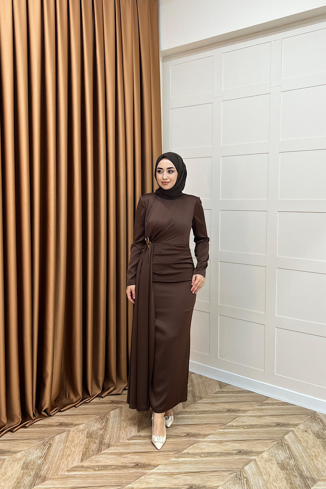 Hazel Saten Abiye Kahverengi 3084-KAHVERENGI