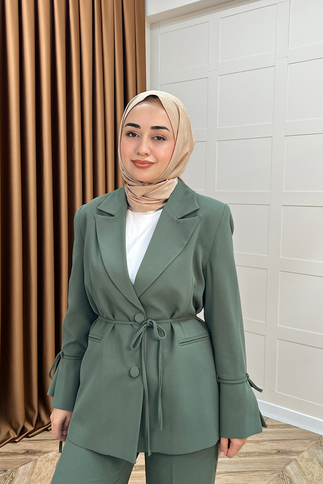 Kuşak Detay Ceket Takım Yeşil 5004-YESIL