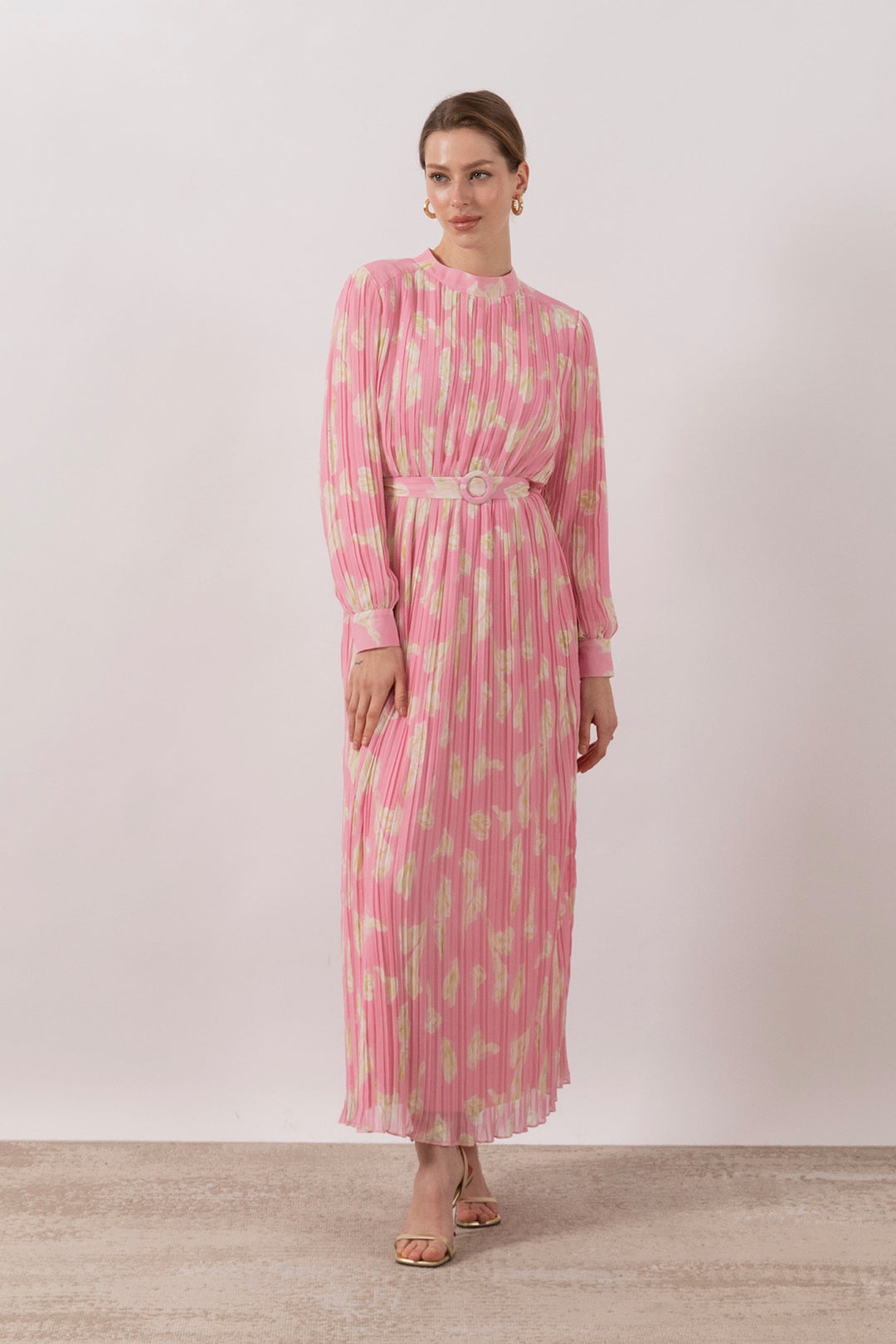 Belise Piliseli Şifon Elbise Pembe 3031-PEMBE