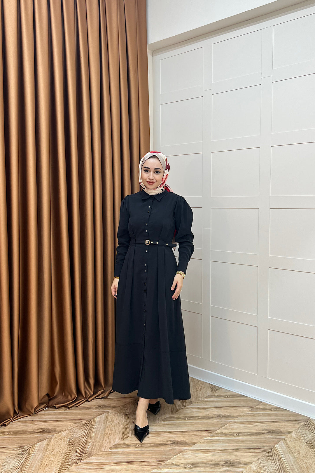 Nisa Boydan Düğmeli Elbise Siyah 3000-SIYAH