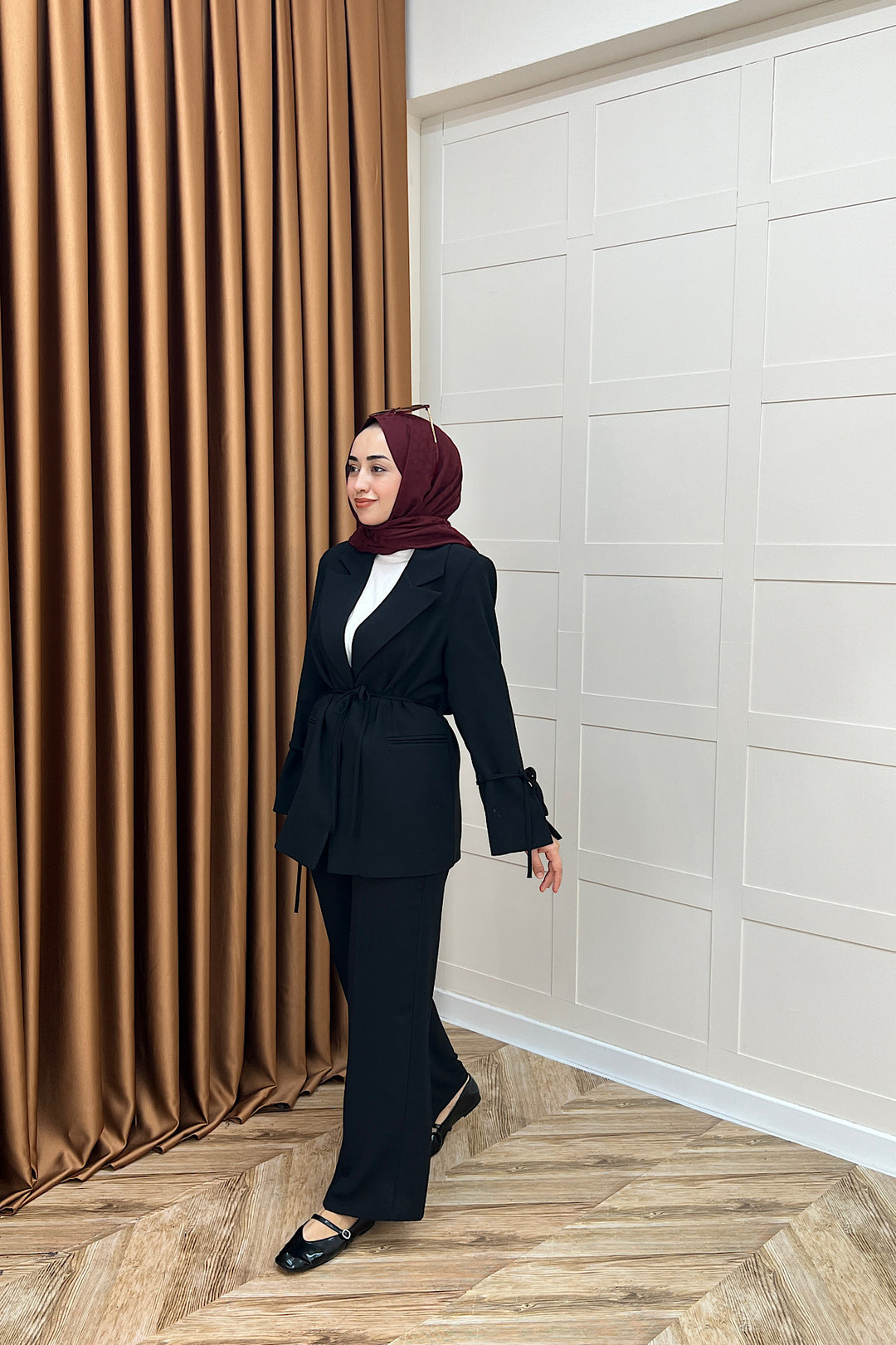 Kuşak Detay Ceket Takım Siyah 5004-SIYAH