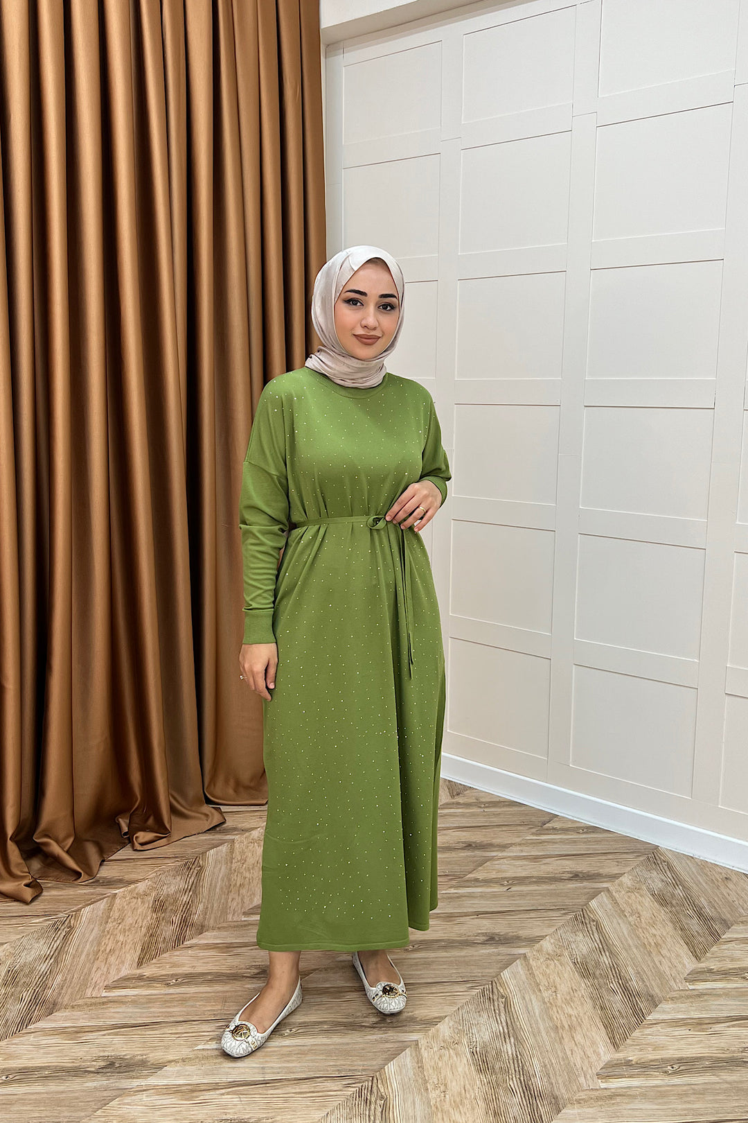 Mabel Taşlı Triko Elbise Yağ Yeşili 25270-YAGYESILI