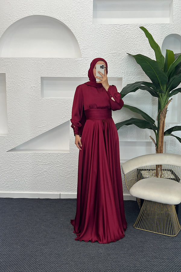 Beli Piliseli Saten Abiye Bordo 04340-BORDO