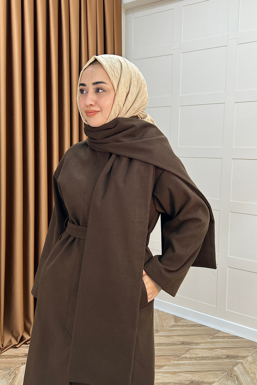 Siena Atkı Detay Kaşe Kaban Kahverengi 5530-KAHVERENGI