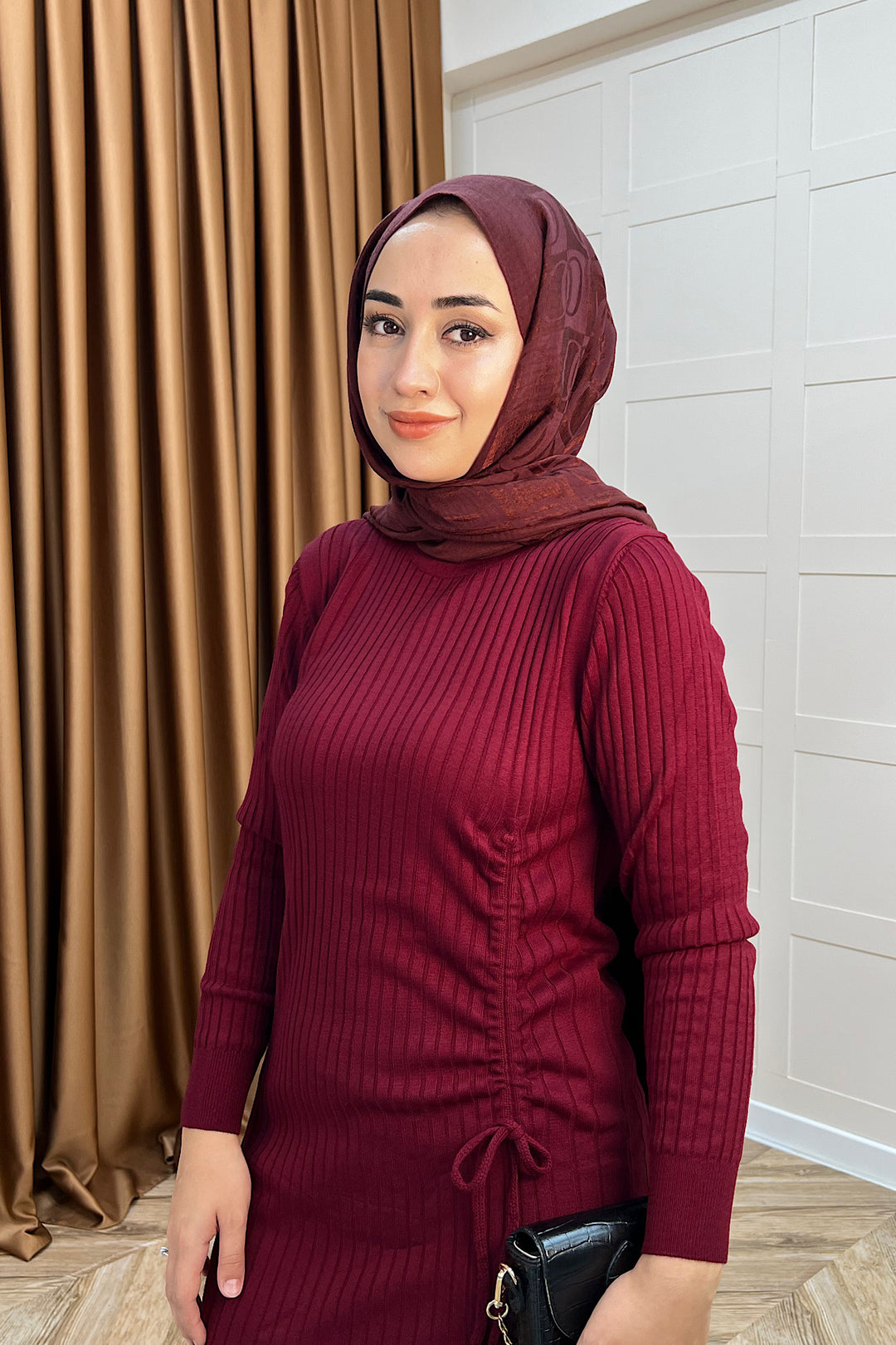 Yandan Büzgülü Triko Elbise Bordo 24870-BORDO