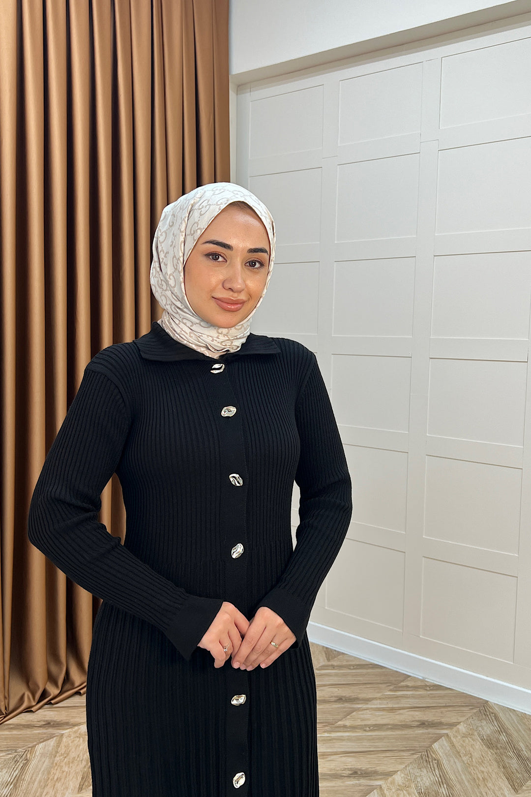 Endam Düğmeli Triko Elbise Siyah 10201-SIYAH