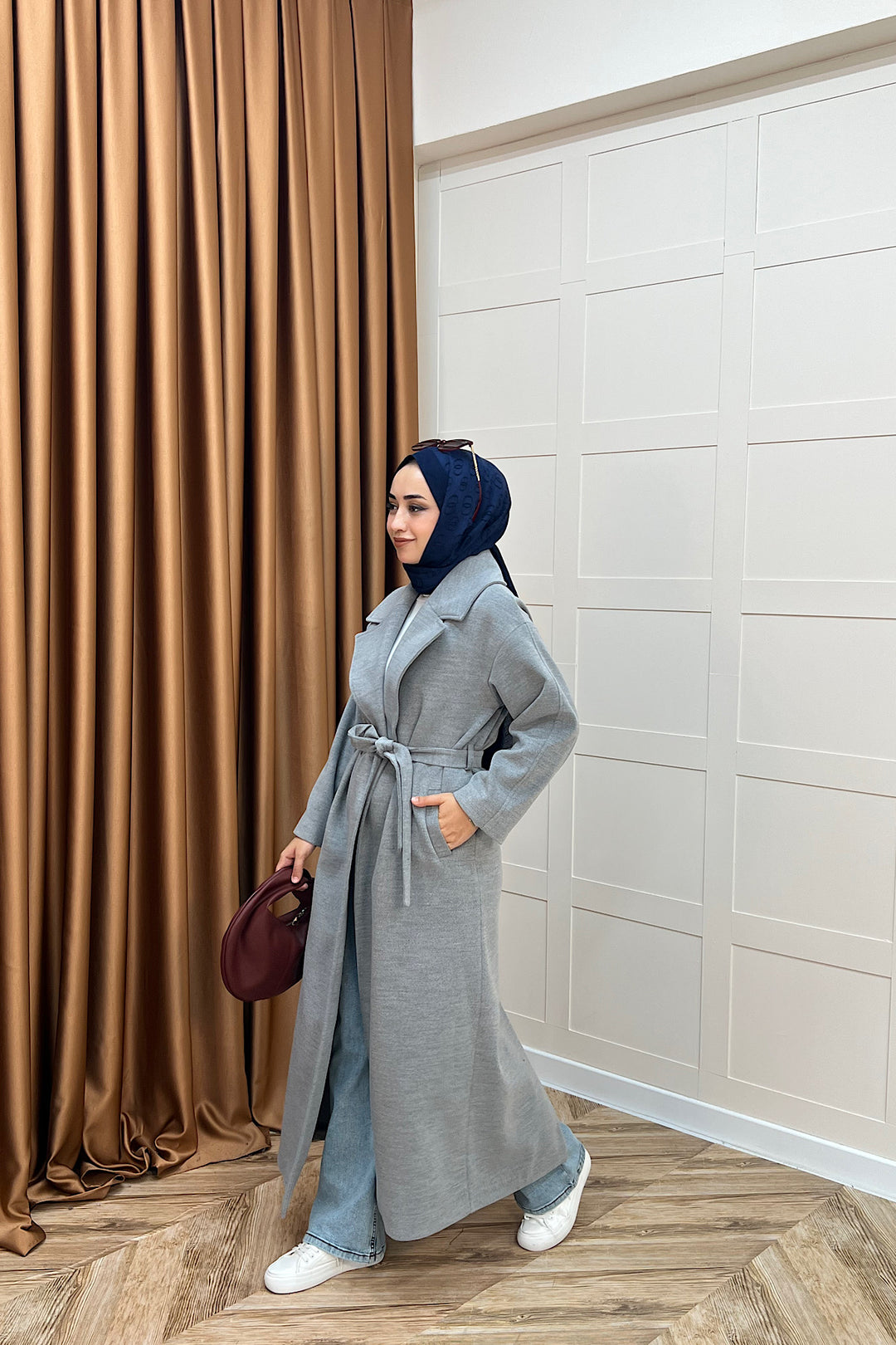 Retro Premium Kumaş Uzun Kaşe Kaban Gri 5509-GRI