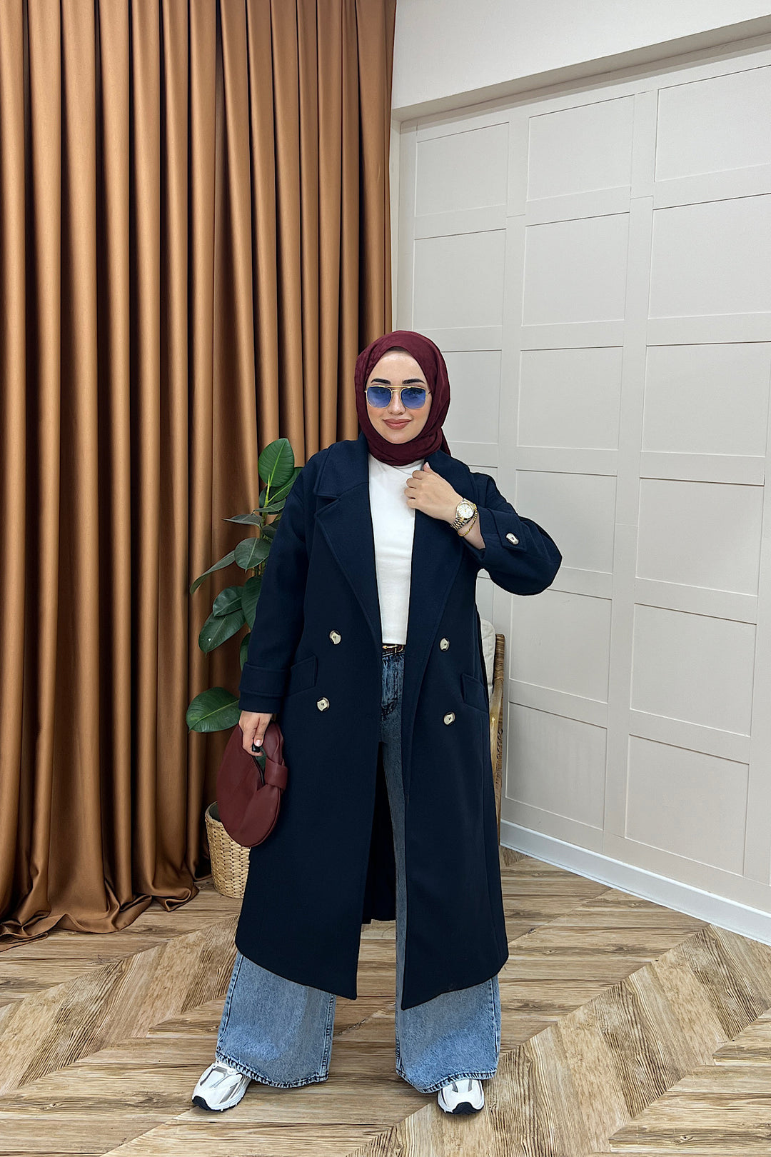 Lara Kuşaklı Kaşe Kaban Lacivert 5541-LACIVERT