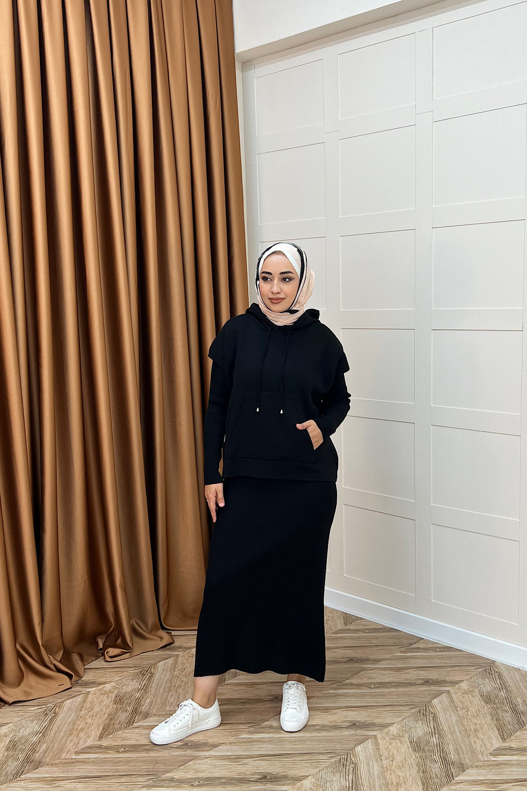 Üst Kapüşonlu İkili Triko Elbise Siyah 25290-SIYAH