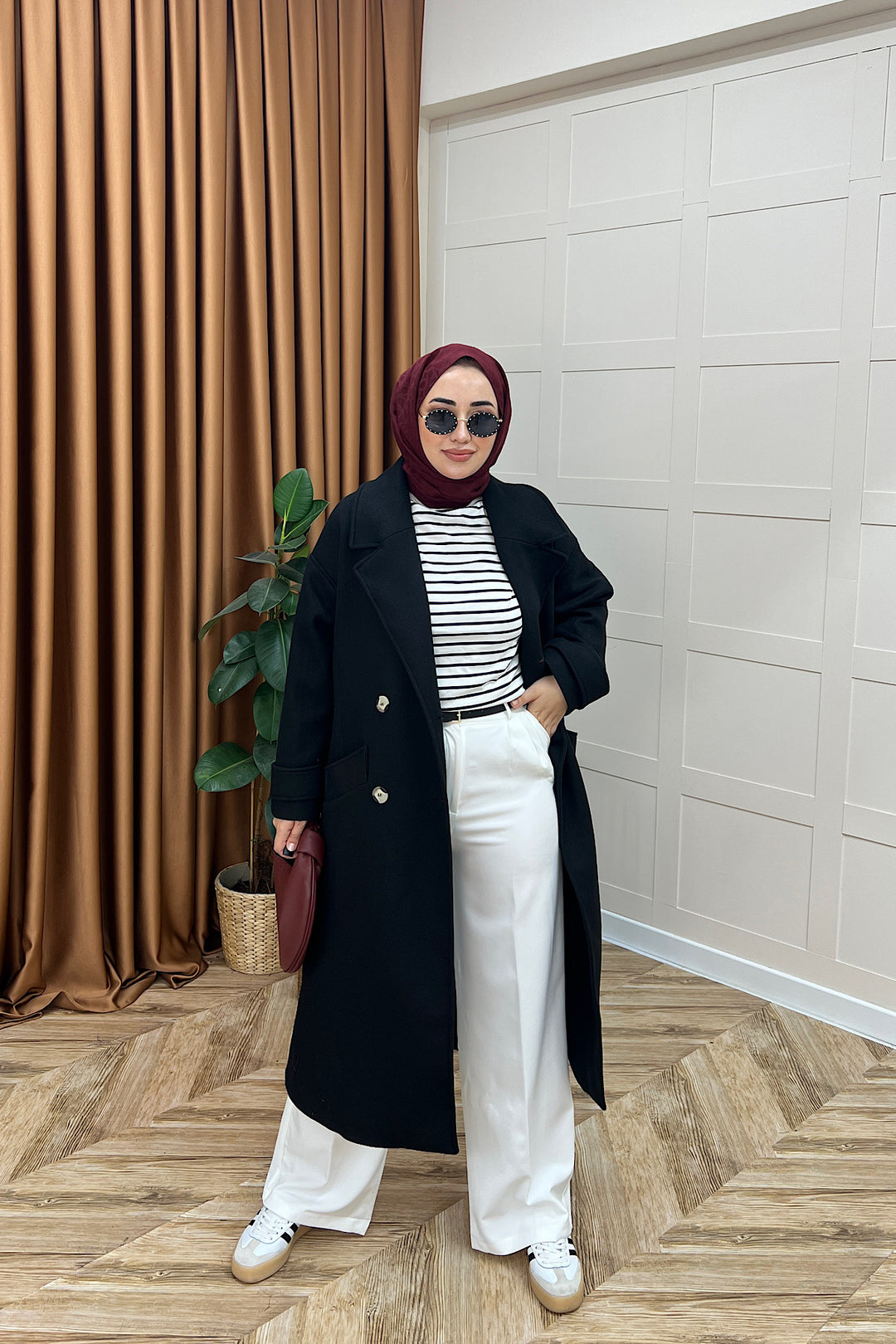 Lara Kuşaklı Kaşe Kaban Siyah 5541-SIYAH