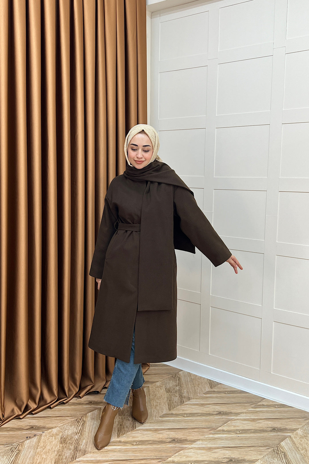 Siena Atkı Detay Kaşe Kaban Kahverengi 5530-KAHVERENGI